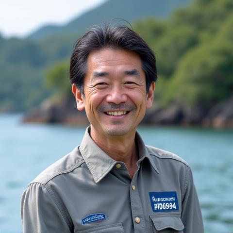 穏やかな笑顔で魚の生態を説明する、知識豊富な海洋生物学者の男性ガイド。