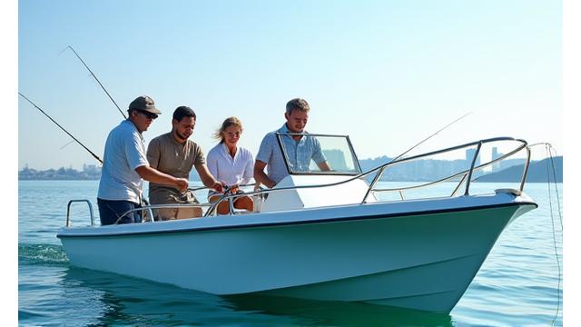 東京湾で貸し切りボートから優雅に釣りをする家族の様子。遠景には都会のビル群が見える。