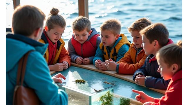 学生たちが専門家ガイドの指導のもと、真剣な表情で釣り上げた魚を観察している。教育的な雰囲気が伝わる。
