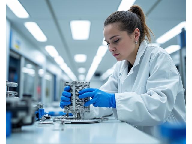 クリーンルームで深海機器の精密組立を行う技術者