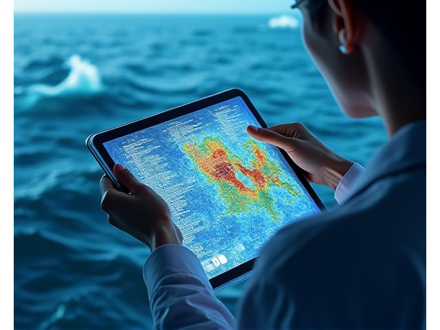海洋環境データを表示するタブレットを持つ研究者