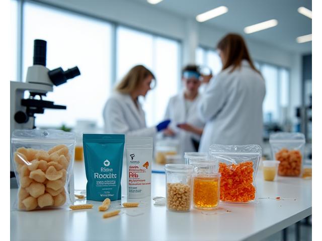 清潔な食品開発ラボで、研究者が様々な未利用魚の加工品（フリーズドライ、レトルト食品、スナックなど）を熱心に研究している。顕微鏡や分析機器、パッケージデザインの試作品が並ぶ。