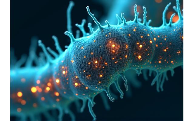 顕微鏡で捉えられた、深海に生息する未知のグラム染色微生物群が複雑な代謝経路を示すイラスト